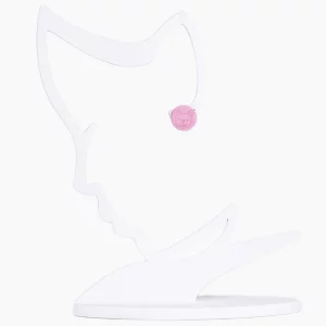 Round Pink Stud Earrings with cute dog embossed shown on mannequin head