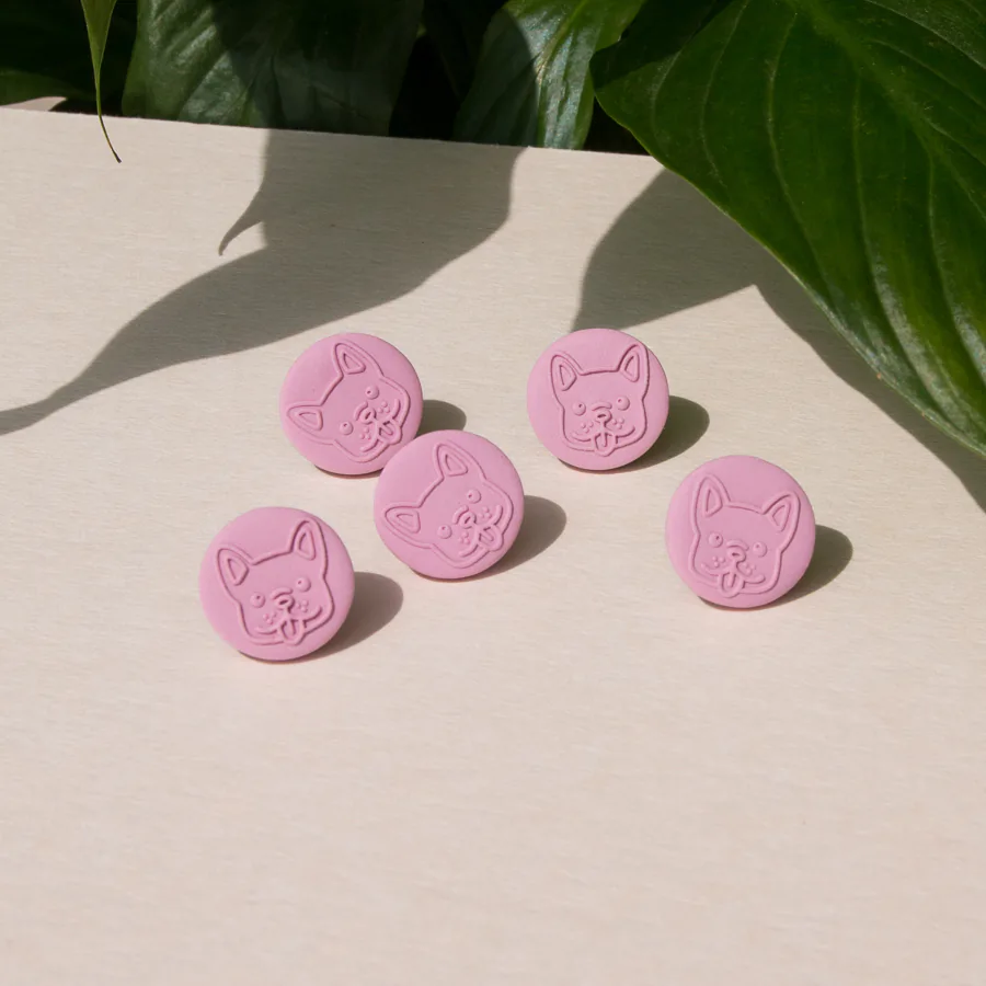 Circle Pink Stud Earrings with cute dog embossed made from polymer clay